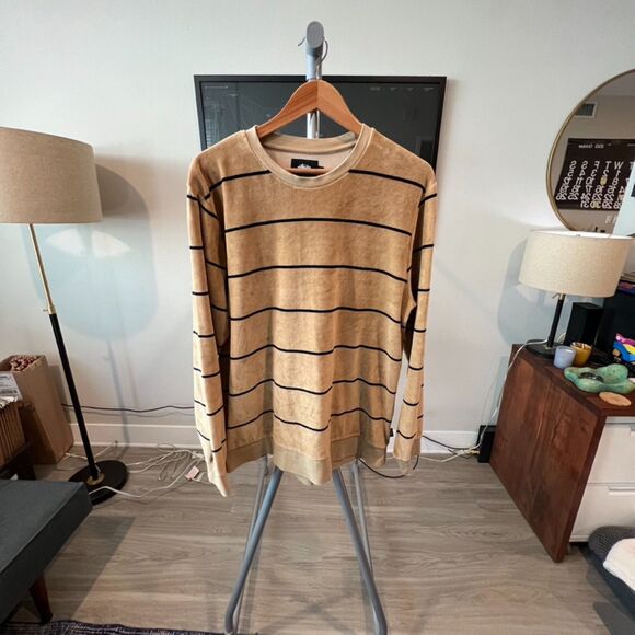 Stussy - Striped Velour LS Tee (#1140071) - Tan, Black - Picture 1 of 7